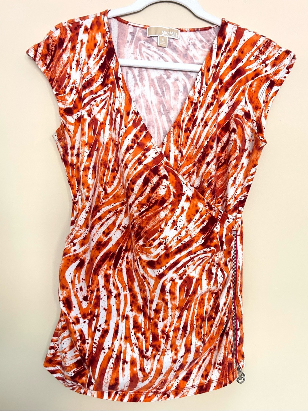 Michael Kors Orange and White Printed Wrap-Front Top with Side Zipper
